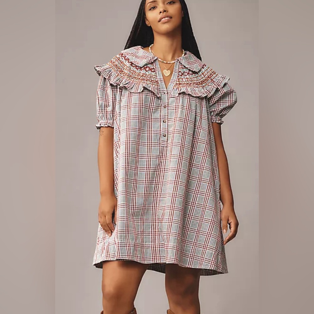 164🌟 Pilcro Plaid Ruffle Collar Mini Dress | Size Small - Picture 2 of 4
